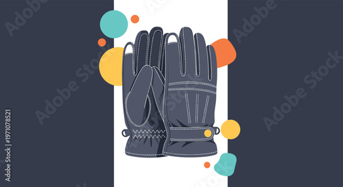 Pair of dark grey winter gloves is presented against a modern background with colorful geometric shapes for a stylish product display.