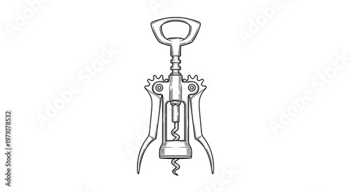 Classic metal wine corkscrew with a double wing design is illustrated in a detailed black and white sketch for kitchen tool concepts.