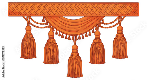 Decorative orange woven valance features intricate patterns and hanging tassels, ideal for elegant interior window treatments.