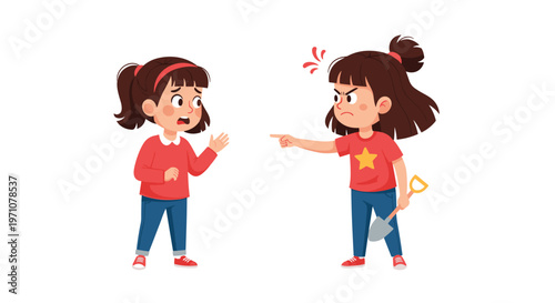 Two young girls are engaged in an argument where one points a finger angrily while the other looks surprised and upset during play.