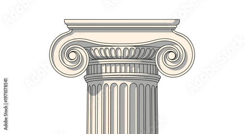 Upper part of a classical Greek column capital in the Ionic style features characteristic volutes and elegant architectural details.