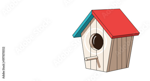 Small wooden birdhouse features a simple design with a red and blue roof, a circular entrance hole, and a small perch for garden birds.