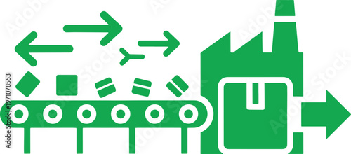 Green factory with conveyor belt and production symbols industrial