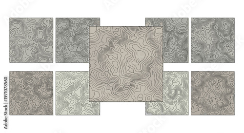 Set of nine topographic map patterns in different shades of grey and beige shows detailed contour lines for land elevation mapping.