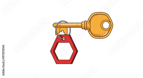 Shiny gold door key with a red hexagonal identification tag is shown as a simple vector illustration on a clean white background.