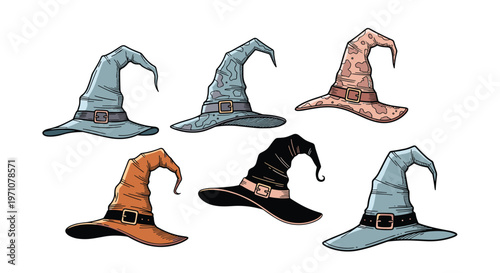 Collection of six magical wizard and witch hats in various colors and textures with buckles is illustrated for fantasy character design.