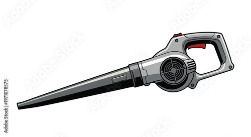 Modern grey and black handheld electric leaf blower with a red trigger is used for efficient outdoor yard and garden maintenance.