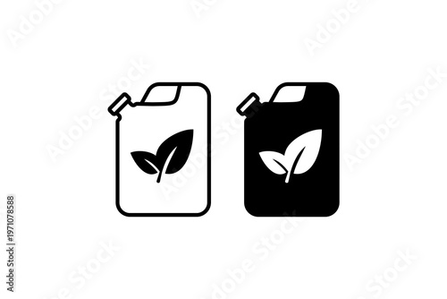 Eco-friendly fuel icons: black and white jerricans with leaf symbols.
