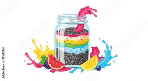 Colorful layered superfood smoothie in a glass jar is decorated with fruit splashes, fresh lemon, watermelon, and various forest berries.