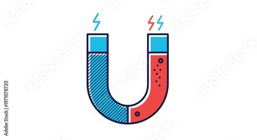 Horseshoe magnet with red and blue poles and lightning icons representing magnetic force on a clean white background.