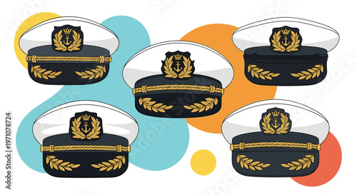 Set of five navy captain hats with gold anchor emblems and laurel leaves on a colorful background for nautical themes.