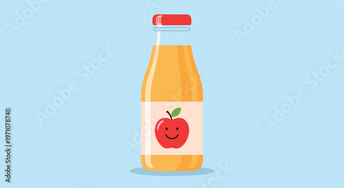 Glass bottle filled with orange juice featuring a happy red apple character on the label for healthy kids beverages.
