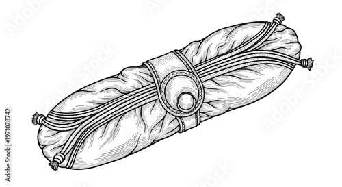 Vintage style black and white drawing of a rolled fabric or leather wrap with cord fasteners for historical storytelling.
