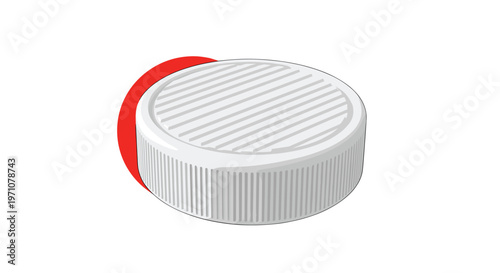 White plastic bottle cap with a ribbed texture and a red circular shadow on a white background for packaging design.