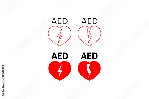 Set of aed heart icons with lightning bolt symbol in red and white.