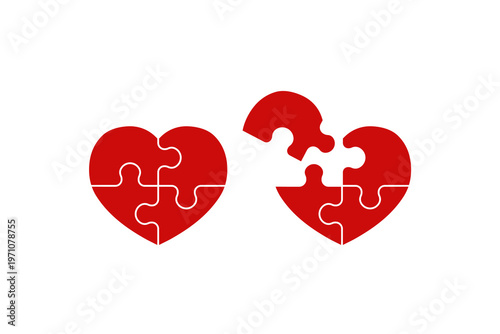 Red heart puzzles with missing piece symbolize love and connection.