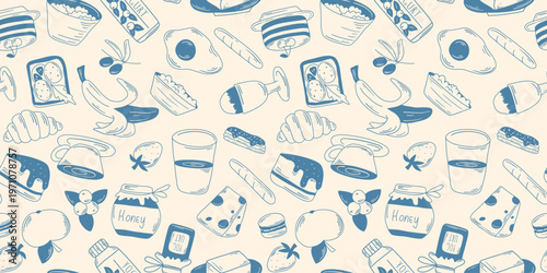 Hand drawn vintage breakfast print. Seamless pattern with morning food and drinks. Beige background with engraved illustrations of foods and dishes, vector graphic