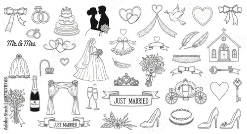 Billede på lærred Collection of Hand-Drawn Wedding Icons and Elements.