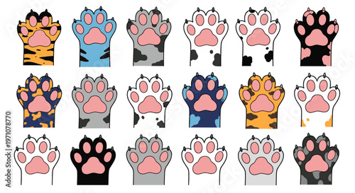 Large collection of various cat paw prints showing different fur patterns and pink paw pads for animal lover designs.