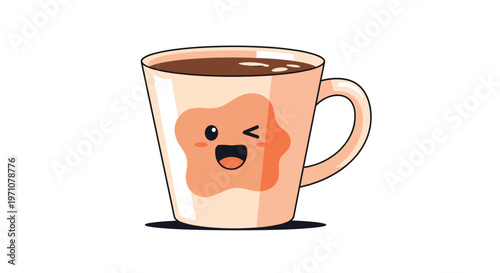 Cute cartoon coffee mug with a winking face and a splash shape on its side filled with dark coffee for morning vibes.