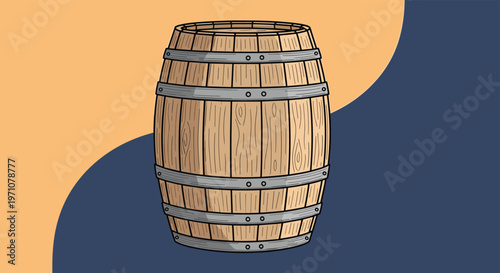 Classic wooden barrel with metal hoops on a decorative orange and blue wavy background for storage and distillery.