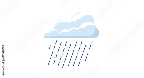 Simple blue fluffy cloud with raindrops falling from it on a white background for weather forecasting and icons.