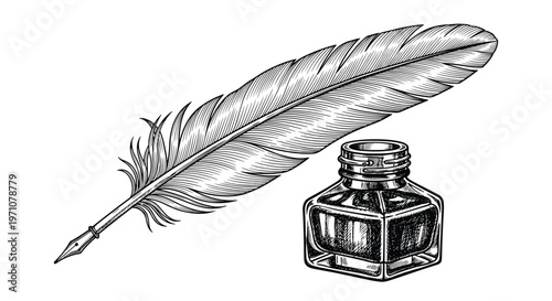 Detailed vintage style drawing of a long feather quill pen resting next to a square glass inkwell for literary work.