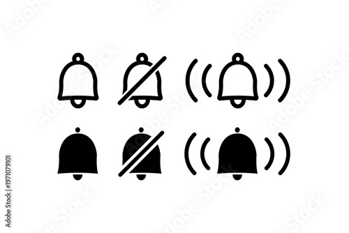Bell icons indicating notification on and off status in black and white.