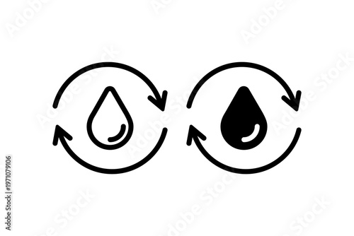 Black and white water recycling symbols with arrows indicating flow.