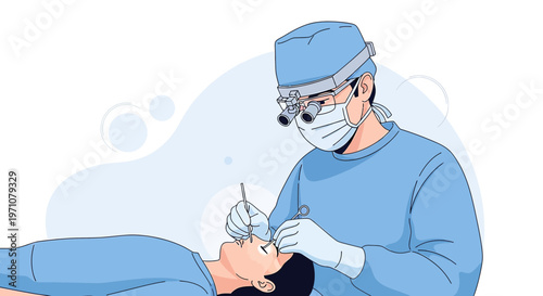 Ophthalmologist Performing Eye Surgery with Magnifying Loupes and Surgical Instruments