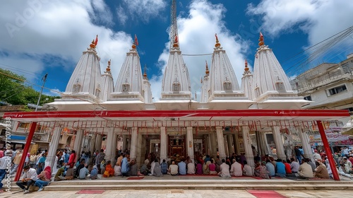 People enjoy the sunny day sitting under a canopy near a red stone temple with white domes and clear blue sky