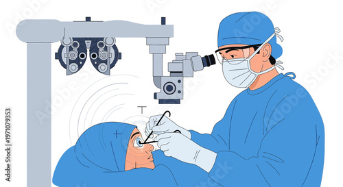 Ophthalmologist performing eye surgery with microscope and surgical instruments