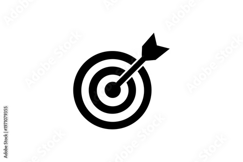 Black and white target with arrow in bullseye on white background.