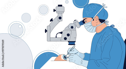 Ophthalmologist Performing Eye Surgery with Microscope in Modern Operating Room