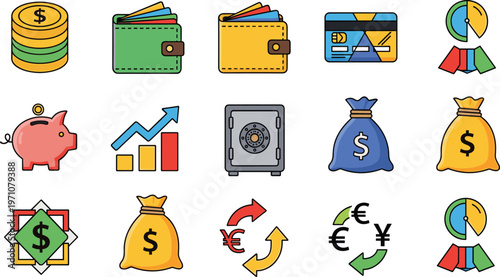 Finance and Money Icons Set with Wallet Coins Chart Safe Currency Exchange Vector