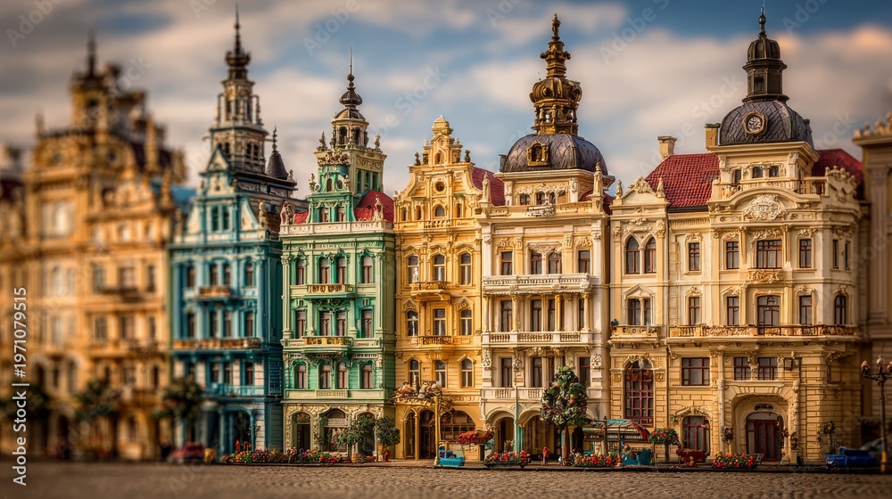 Obraz premium Collection of miniature architectural models showcasing ornate historical European buildings with detailed facades and towering spires.