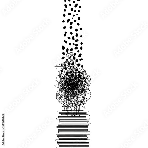 Black scribbles rising from papers stack.