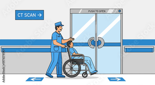 Nurse pushing patient in wheelchair towards CT scan room in hospital corridor