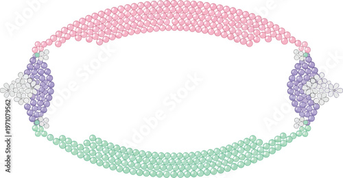 A colorful molecular structure composed of pink, green, purple, and white beads on a white background.