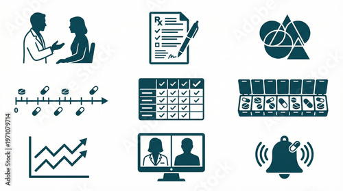 Holistic set of medical and healthcare vector icons illustrating patient care, treatment planning, digital health services, and health management processes