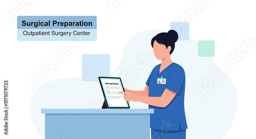 Nurse using tablet for surgical preparation checklist in outpatient surgery center