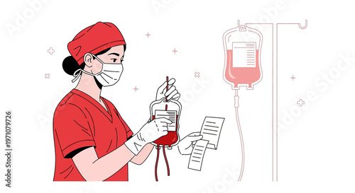 Nurse with Blood Bag and IV Drip - Medical Procedure Illustration