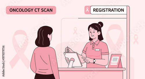 Oncology CT Scan Registration: Patient at Reception Desk, Medical Check-up Concept