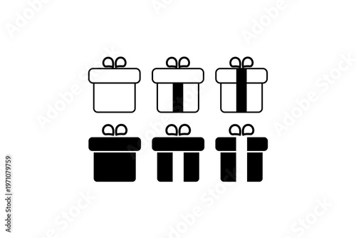 Set of six black and white gift icons with ribbon variations.