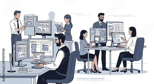 Office workers collaborating at computers, modern workspace, teamwork, business meeting, data analysis.