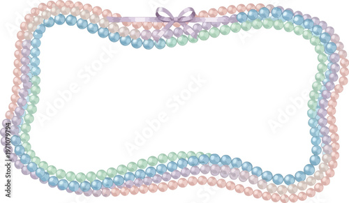 A colorful beaded frame with a purple ribbon and bow on a white background