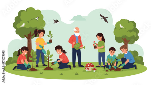 Group of people of different ages including children and a senior man planting trees and flowers in a park to promote environmental awareness.