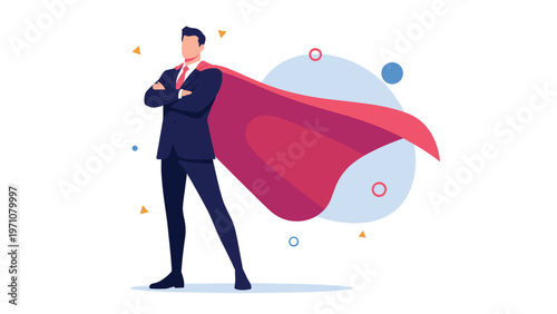 Confident businessman in a dark suit wearing a red superhero cape, standing with arms crossed to symbolize leadership and professional success.