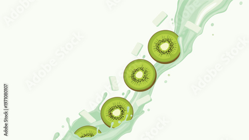Fresh kiwi fruit slices falling into a splash of green juice with ice cubes on a light background, creating a refreshing and healthy drink concept.