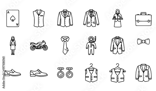 Suit outline icons set with formal wear business accessories and uniform elements editable vector collection